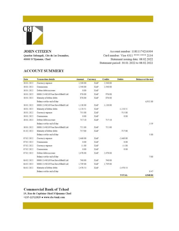 Chad Commercial Bank of Tchad bank statement Excel and PDF template, fully editable (AutoSum)