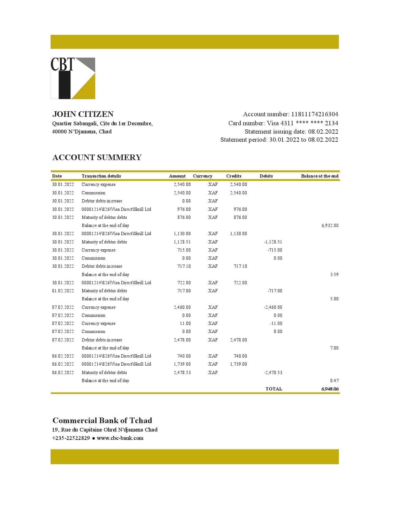 Chad-Commercial-Bank-of-Tchad-bank-statement-Excel-and-PDF-template-fully-editable-AutoSum.jpg Chad Commercial Bank of Tchad bank statement Excel and PDF template, fully editable (AutoSum)