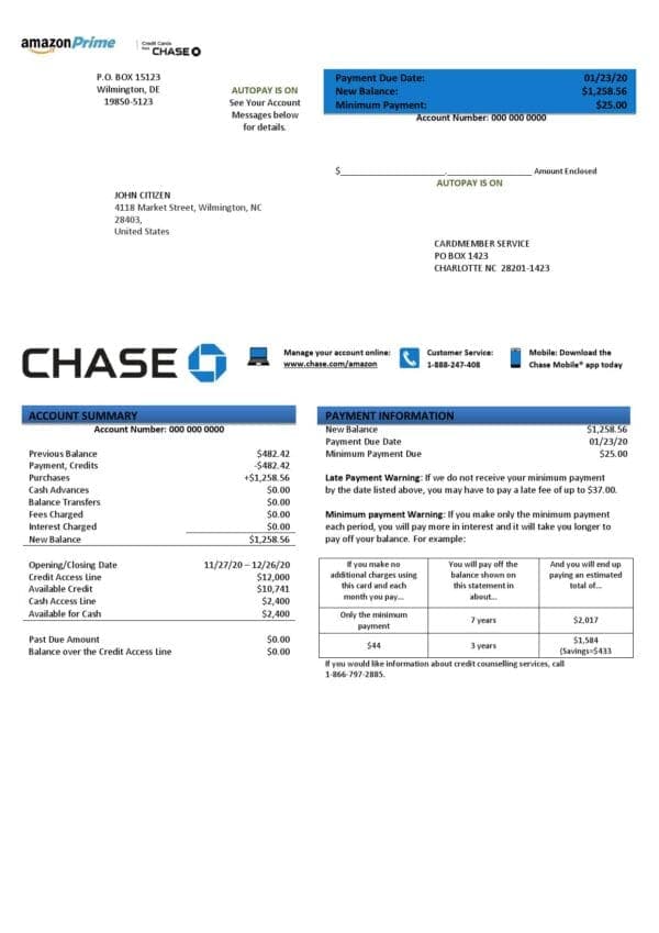 USA Chase bank credit card statement template in .doc and .pdf format