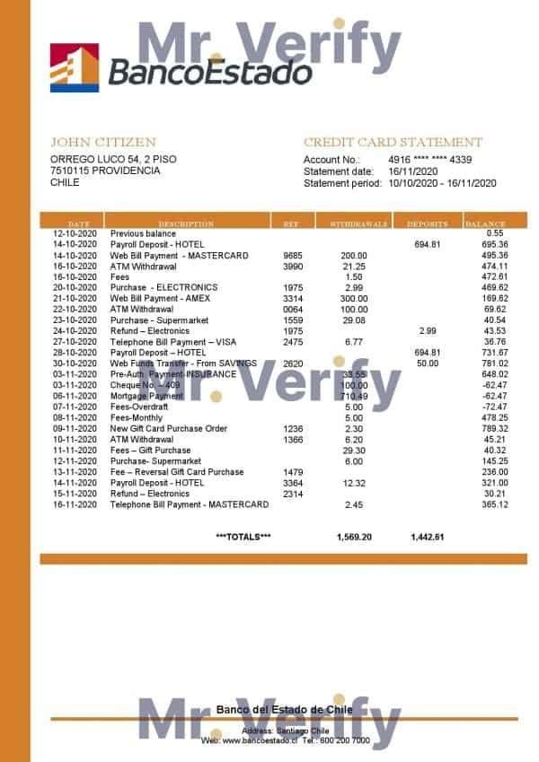 Chile Banco del Estado de Chile bank statement easy to fill template in .xls and .pdf file format