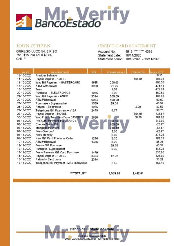 Chile Banco del Estado de Chile bank statement template in Word and PDF format