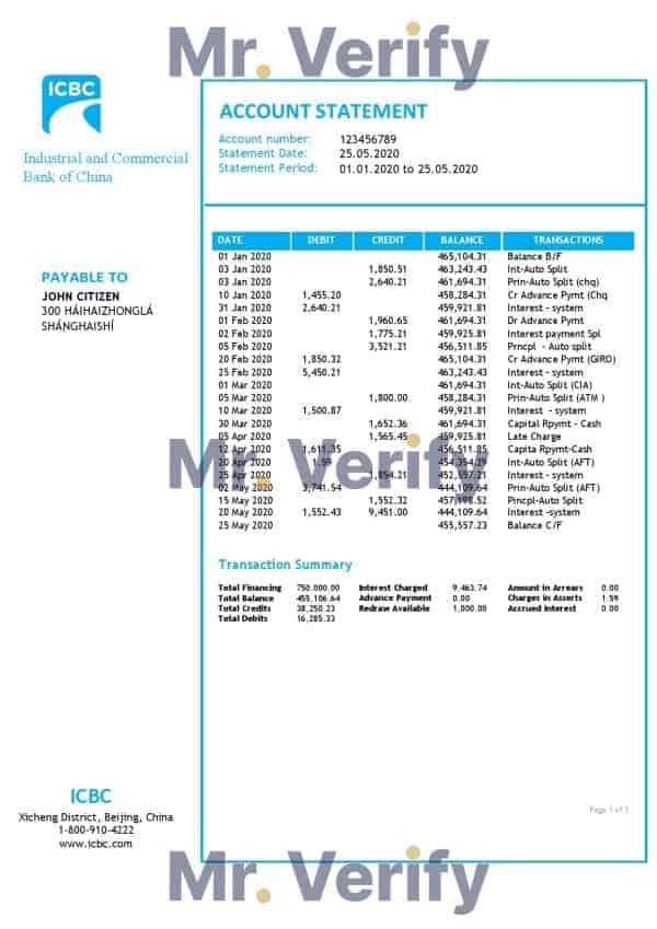 China Industrial and Commercial Bank of China bank statement template in Word and PDF format