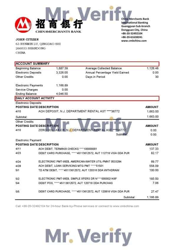 China Merchants bank proof of address statement template in Excel and PDF format
