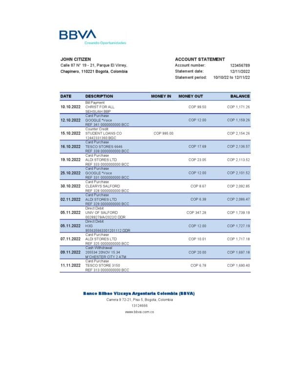 Colombia BBVA bank statement Excel and PDF template (AutoSum)