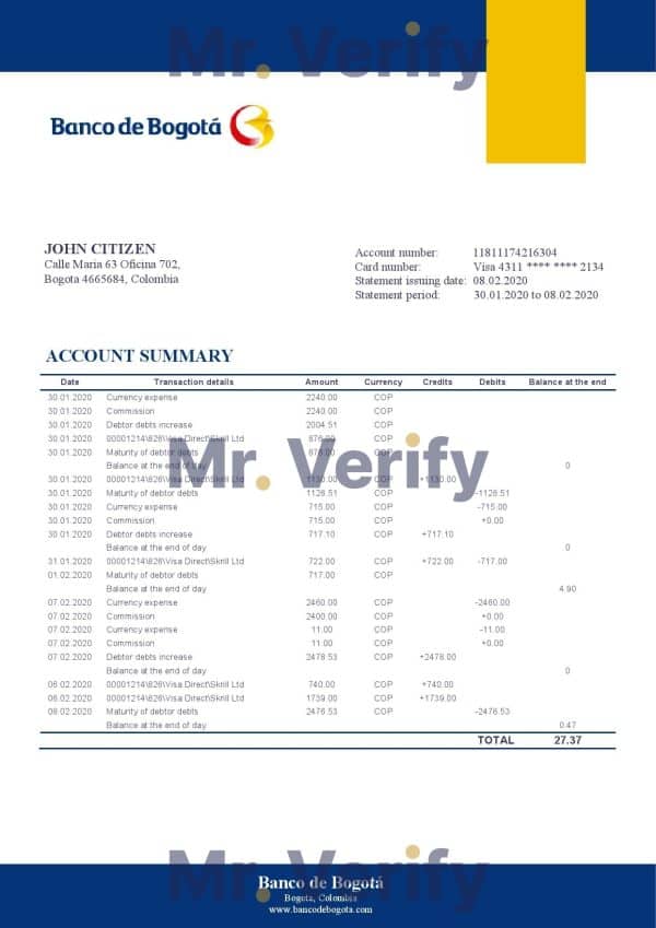 Colombia Banco de Bogotá bank statement template in Word and PDF format