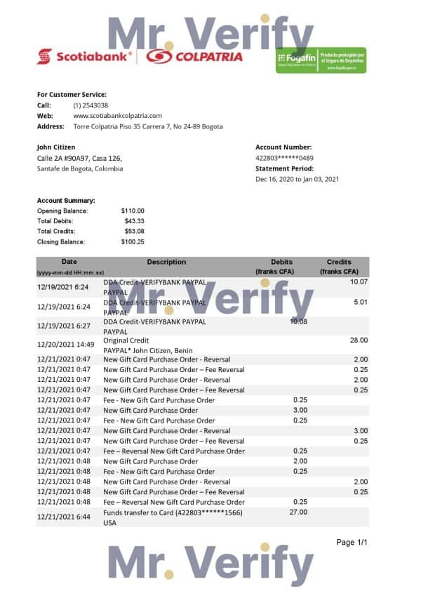 Colombia Scotiabank Colpatria bank proof of address statement template in Excel and PDF format (.xls and .pdf)