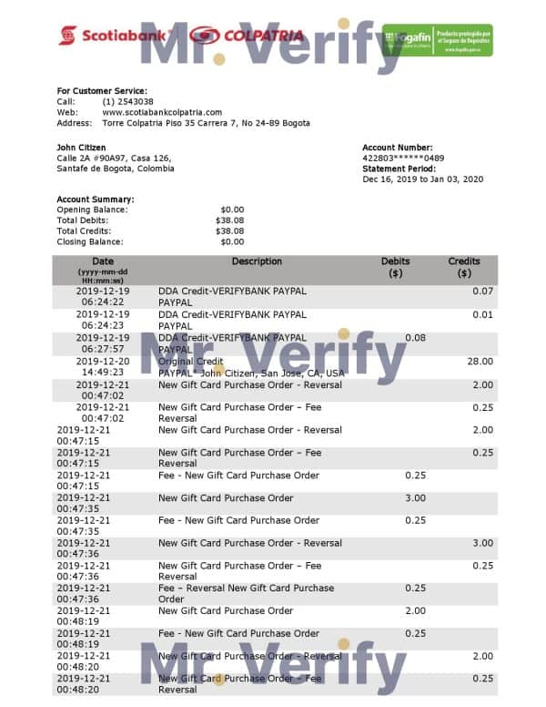Colombia Scotiabank Colpatria bank proof of address statement template in Word and PDF format (.doc and .pdf)