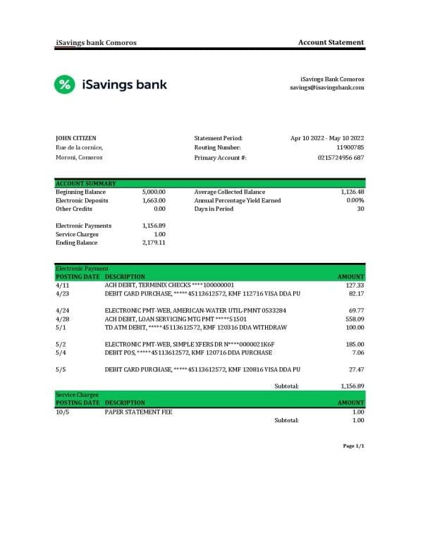 Comoros iSavings bank statement Excel and PDF template, completely editable (AutoSum)