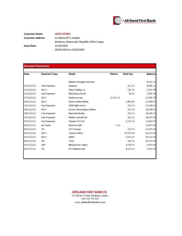 Congo Afriland First Bank statement Excel and PDF template (AutoSum)
