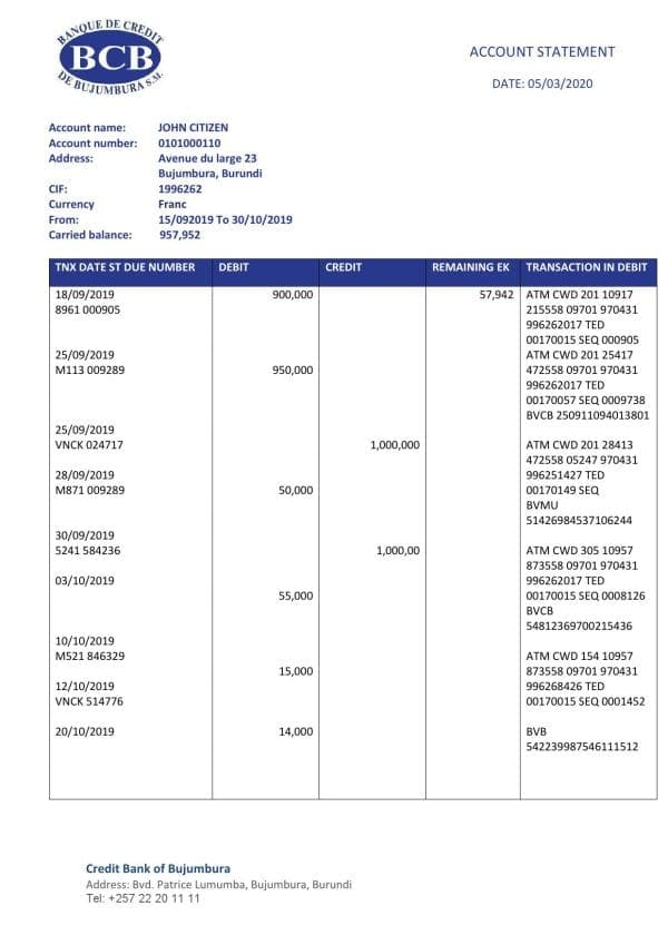 Burundi Credit Bank of Bujumbura bank statement template in .xls and .pdf file format