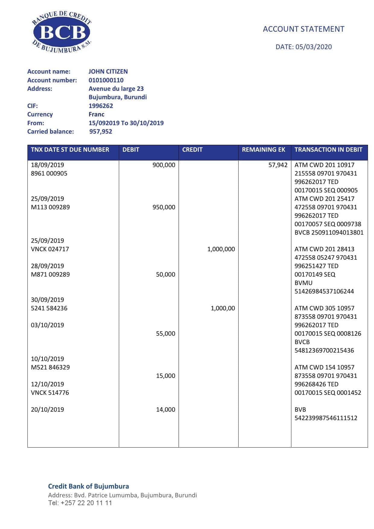 Credit-Bank-of-Bujumbura.jpg Burundi Credit Bank of Bujumbura bank statement template in Word and PDF format, good for address prove
