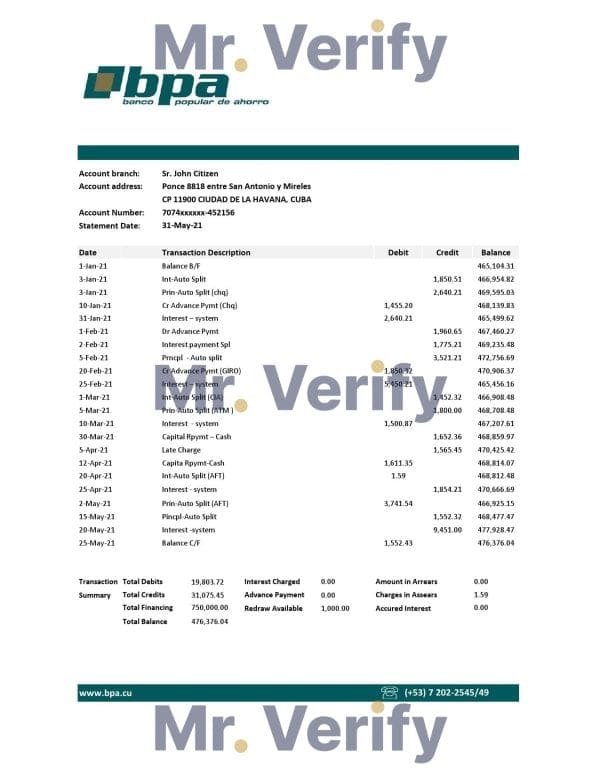 Cuba Banco Popular de Ahorro (BPA) Bank Proof of Address Statement Template