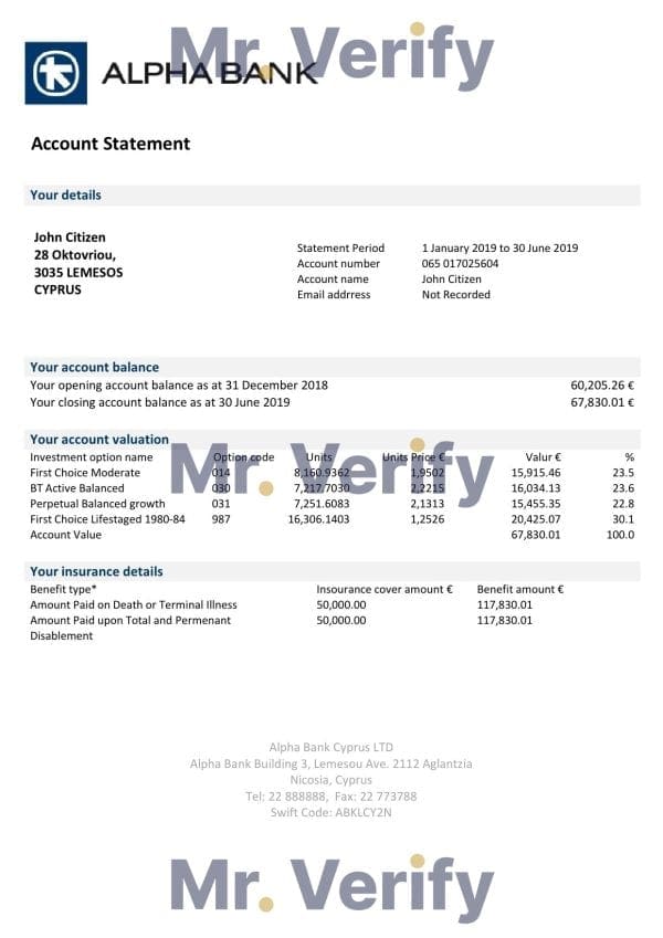 Cyprus Alpha Bank statement easy to fill template in Excel and PDF format