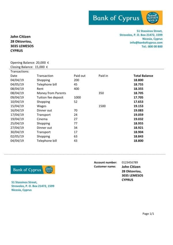 Cyprus Bank of Cyprus proof of address bank statement template in Word and PDF format