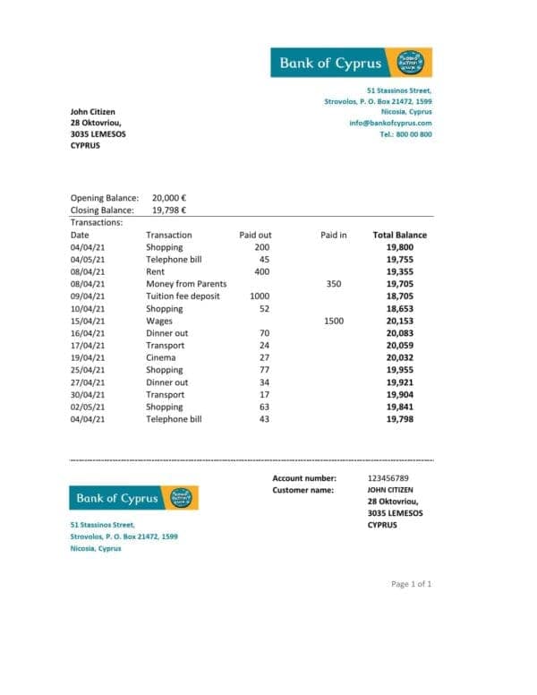 Cyprus Bank of Cyprus bank statement easy to fill template in .xls and .pdf file format