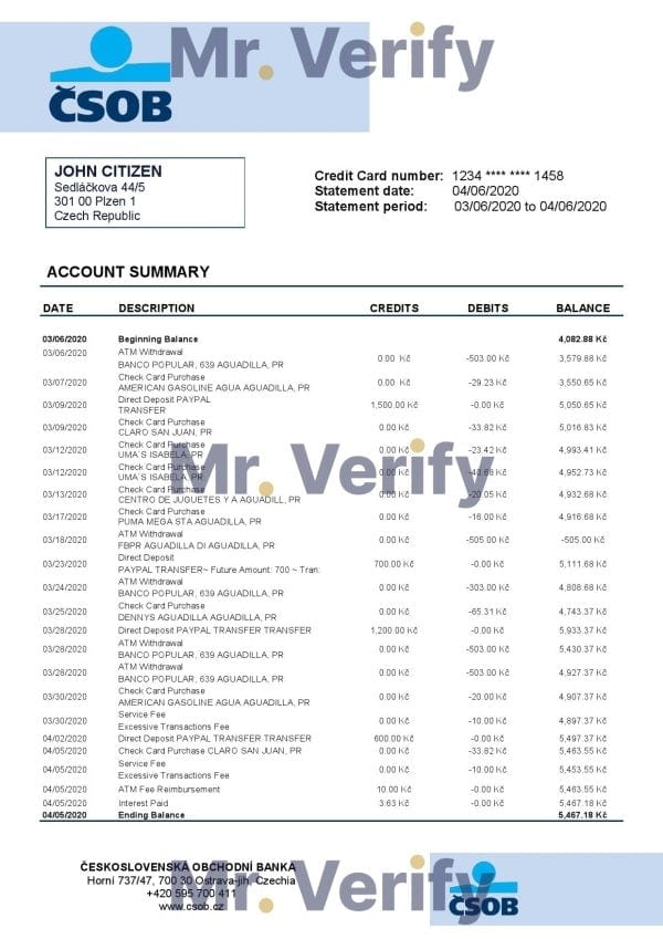 Czech Republic Československá Obchodní Banka bank statement easy to fill template in .xls and .pdf file format