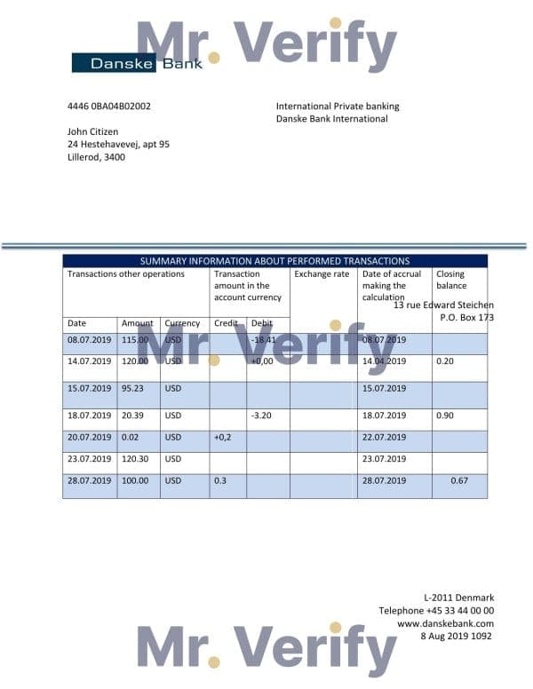 Denmark Danskebank proof of address bank statement template in Word and PDF format (.doc and .pdf)