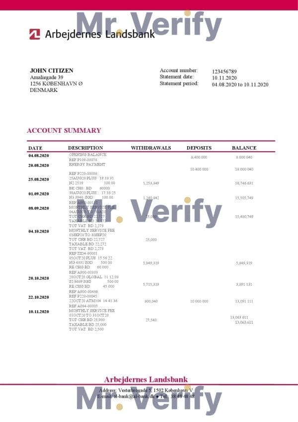 Denmark Arbejdernes Landsbank bank statement template in Word and PDF format