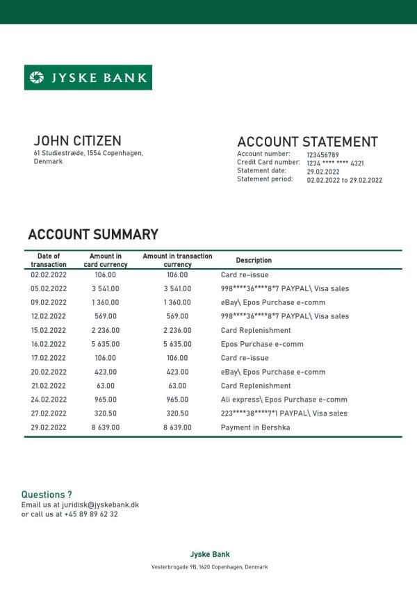 Denmark Jyske bank statement template in Word and PDF format