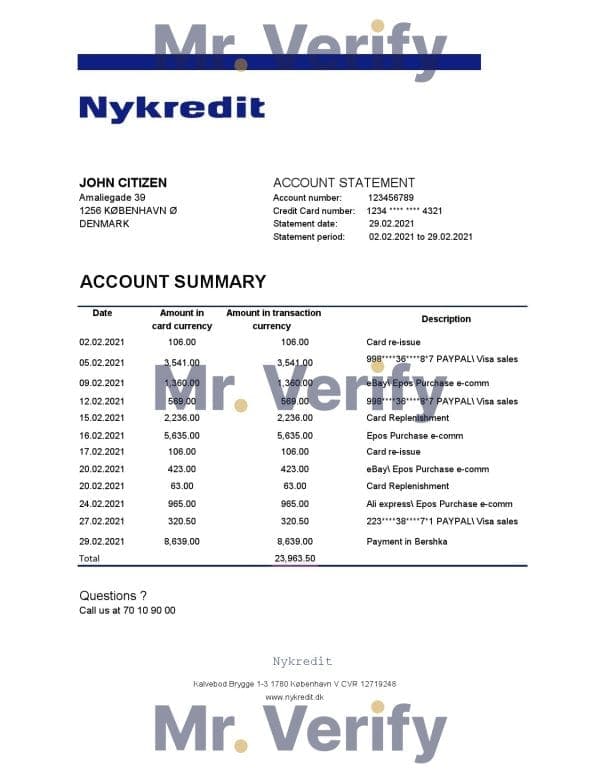 Denmark Nykredit bank statement easy to fill template in .xls and .pdf file format