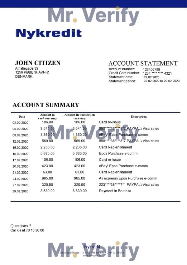 Denmark Nykredit bank statement template in Word and PDF format