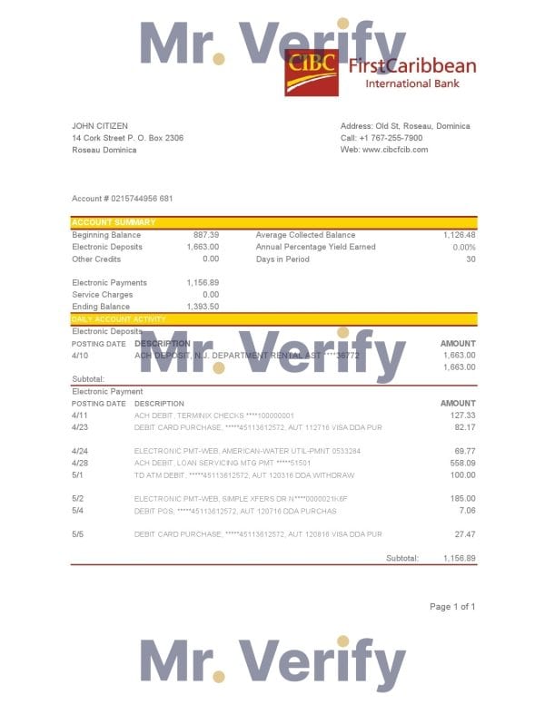 Dominica CIBC First Caribbean International Bank statement easy to fill template in .xls and .pdf file format