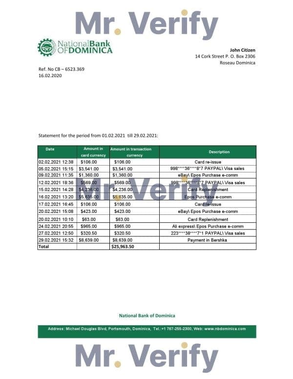 Dominica National Bank of Dominica bank statement easy to fill template in Excel and PDF format