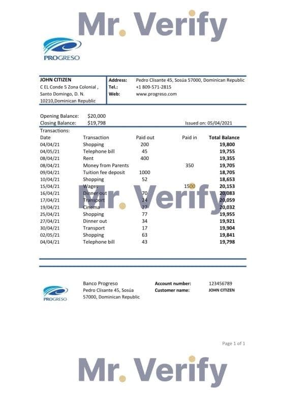 Dominican Republic Progreso bank statement template, Excel and PDF format (.xls and .pdf)