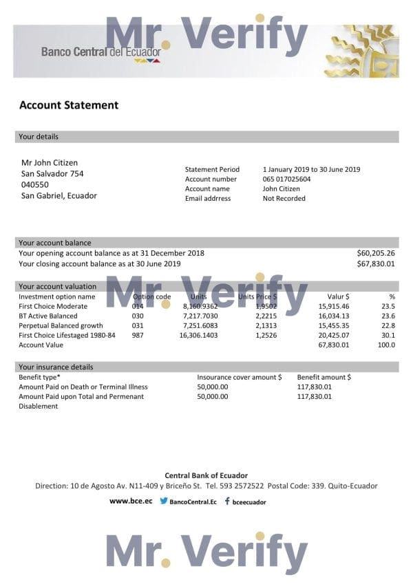 Ecuador Central Bank of Ecuador Proof of Address Bank Statement Template in Word and PDF Format