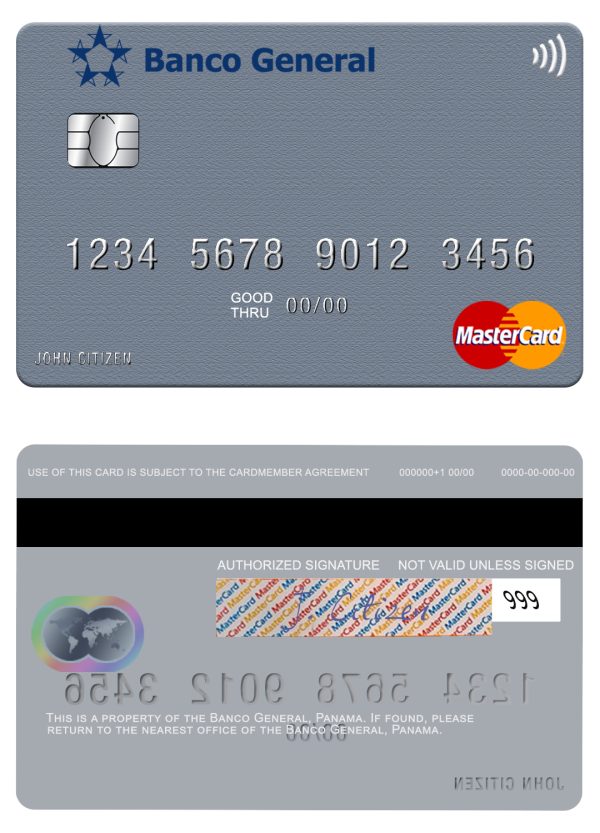 Editable Panama Banco General mastercard credit card Templates