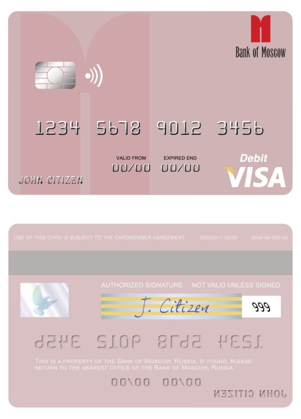 Editable Russia Bank of Moscow visa debit card Templates