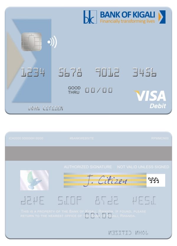 Editable Rwanda Bank of Kigali visa debit card Templates