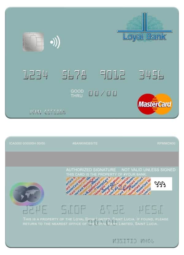 Editable Saint Lucia Loyal Bank Limited mastercard credit card Templates