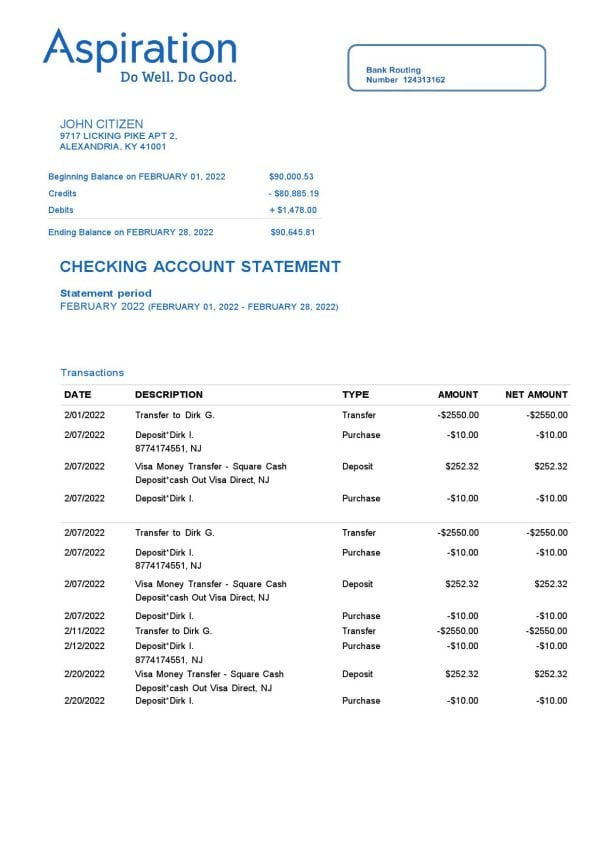 Egypt Aspiration bank statement, Word and PDF template, 4 pages
