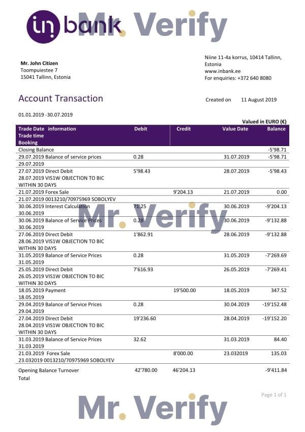 Estonia Inbank bank statement template, Word and PDF format (.doc and .pdf)