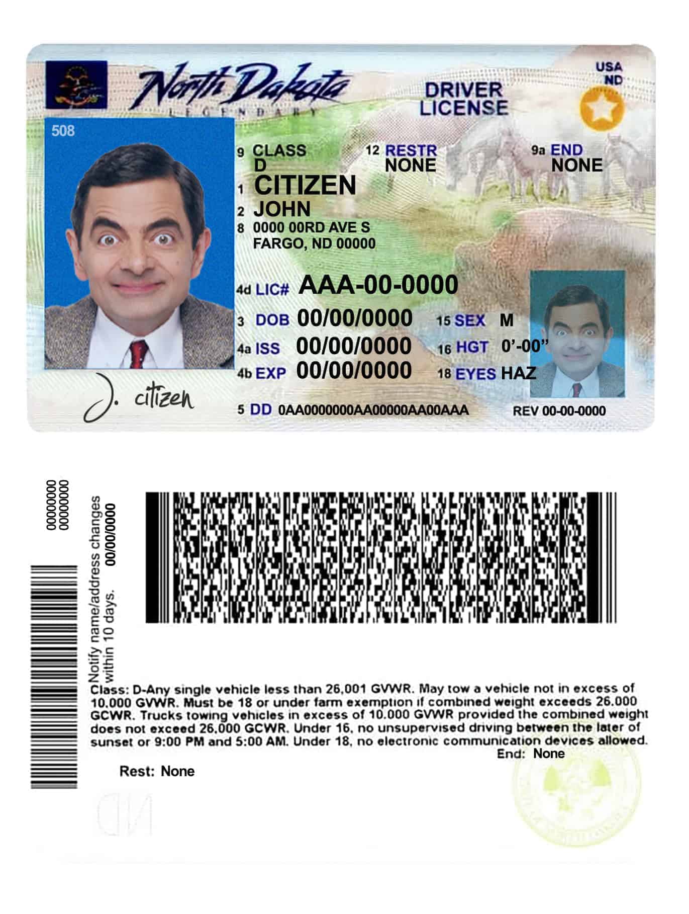 Fake USA North Dakota Driver License Template Fake USA North Dakota Driver License Template