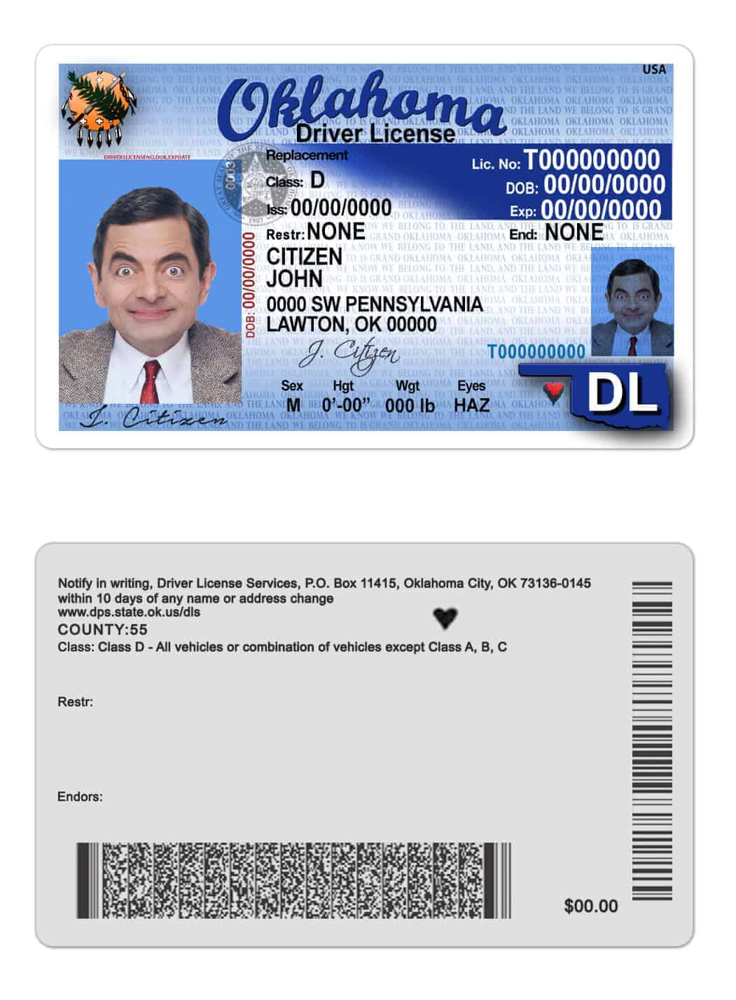 Fake USA Oklahoma Driver License Template Fake USA Oklahoma Driver License Template