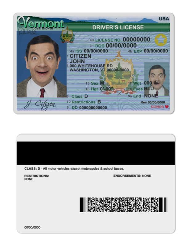 Fake USA Vermont Driver License Template