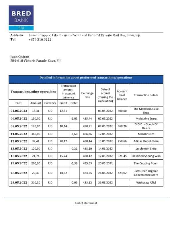 Fiji Bred bank statement template in Word and PDF format