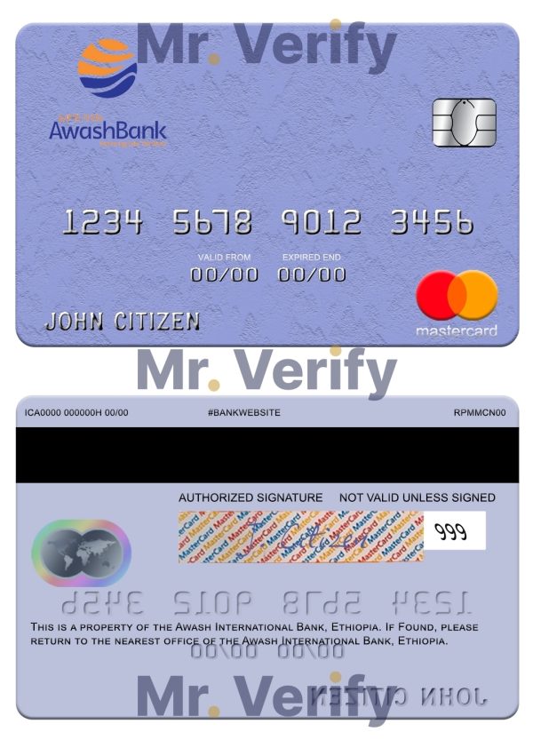 Fillable Ethiopia Awash International Bank mastercard credit card Templates