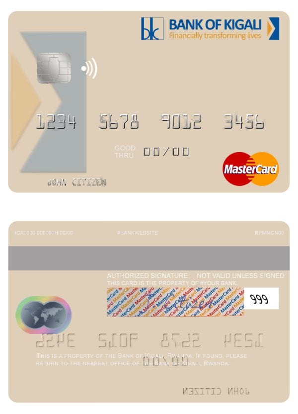 Fillable Rwanda Bank of Kigali mastercard credit card Templates