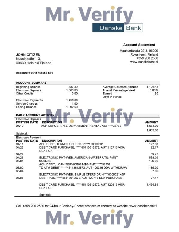 Finland Danske bank statement easy to fill template in .xls and .pdf file format