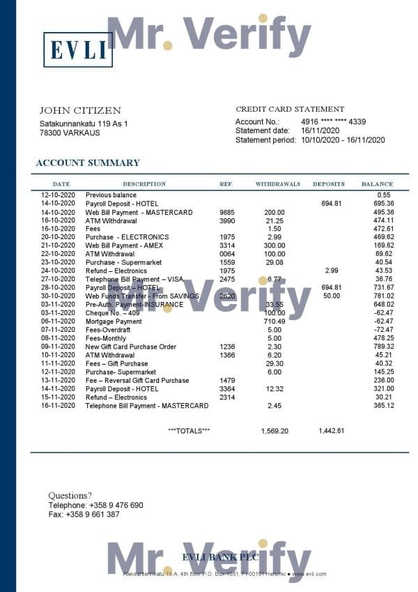 Finland Evli Bank PLC bank statement easy to fill template in Excel and PDF format