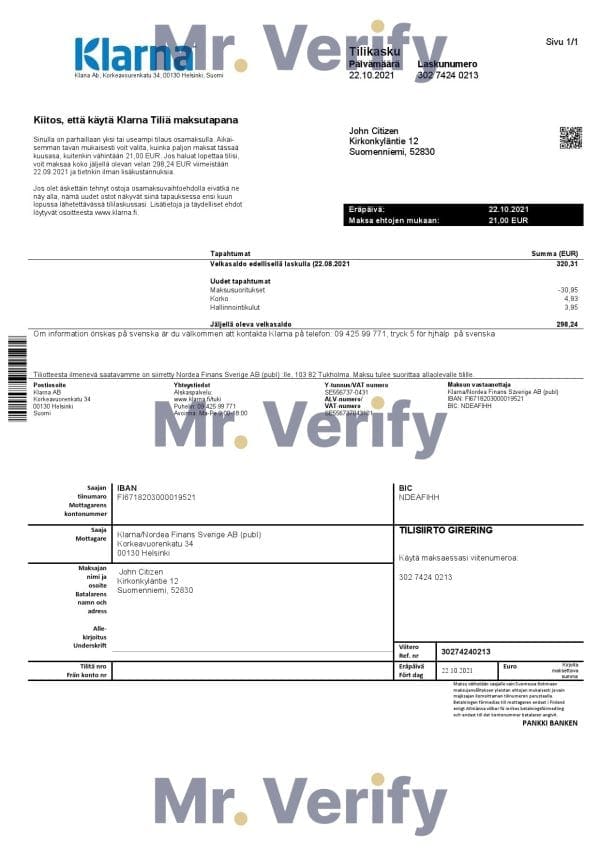 Finland Klarna Bank statement template in Word and PDF format, in Finnish language
