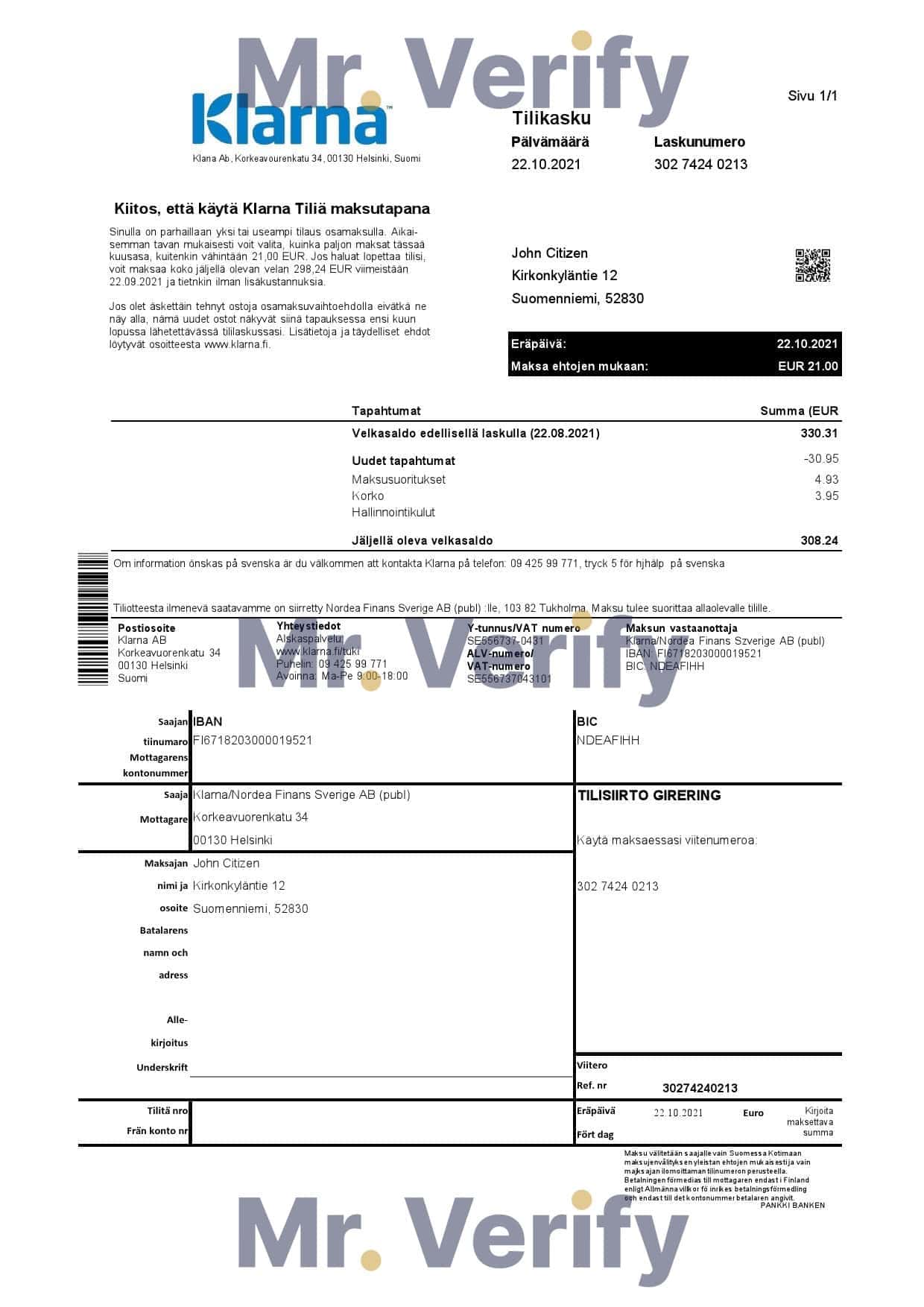 Finland-Klarna.jpg Finland Klarna Bank statement template in Excel and PDF format, in Finnish language