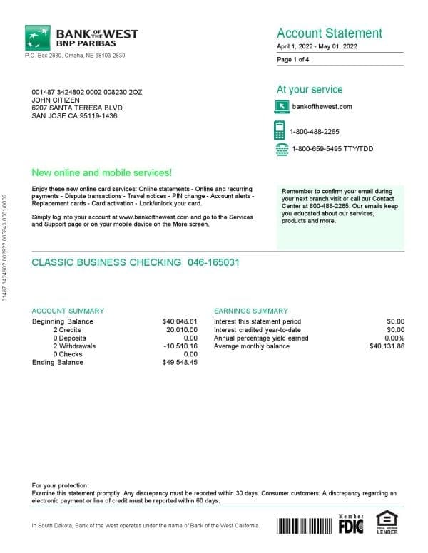 France BNP bank statement Word and PDF template, 4 pages