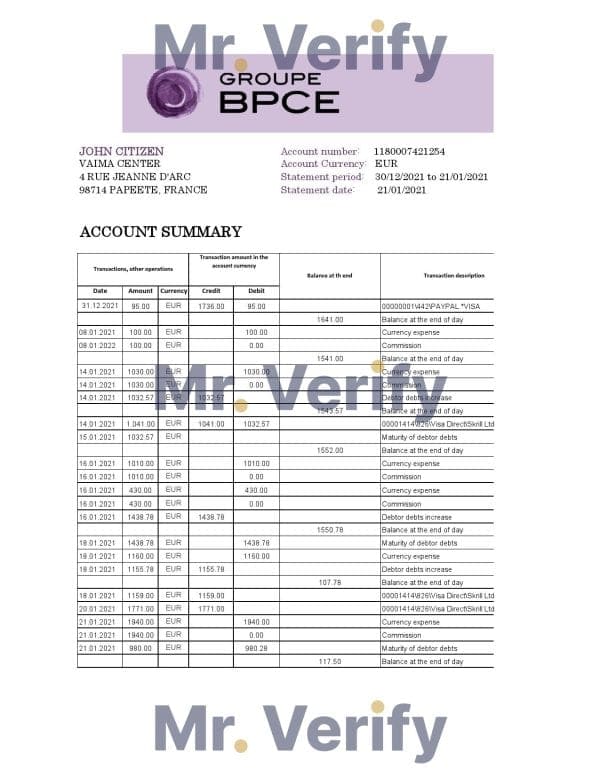 France Groupe BPCE bank statement easy to fill template in Excel and PDF format