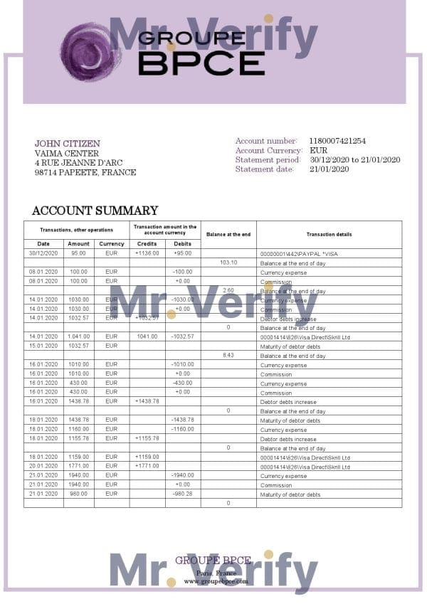 France Groupe BPCE bank statement template in Word and PDF format