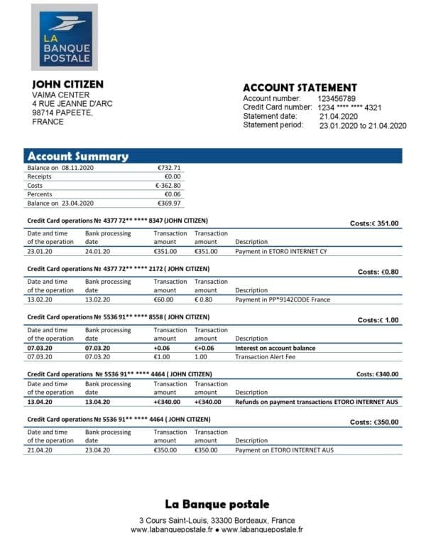 France La Banque Postale bank statement template in Word and PDF format