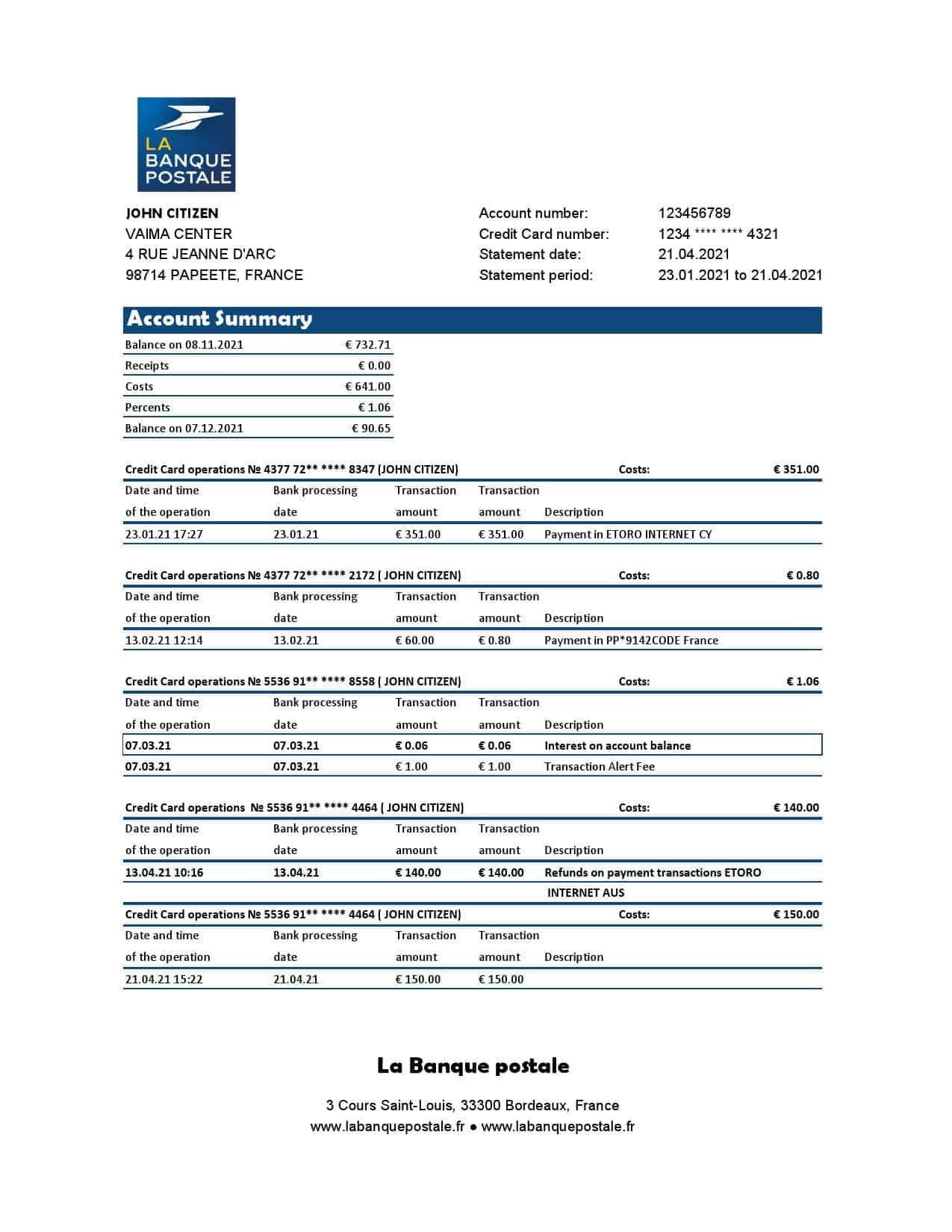 France-La-Banque-Postale_000001.jpg France La Banque Postale bank statement easy to fill template in .xls and .pdf file format